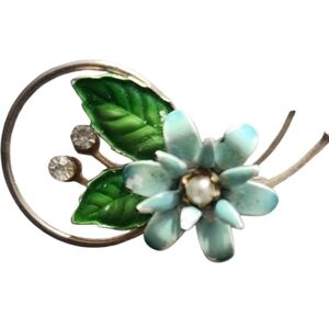 Vintage Blue Floral Brooch with Green Leaves